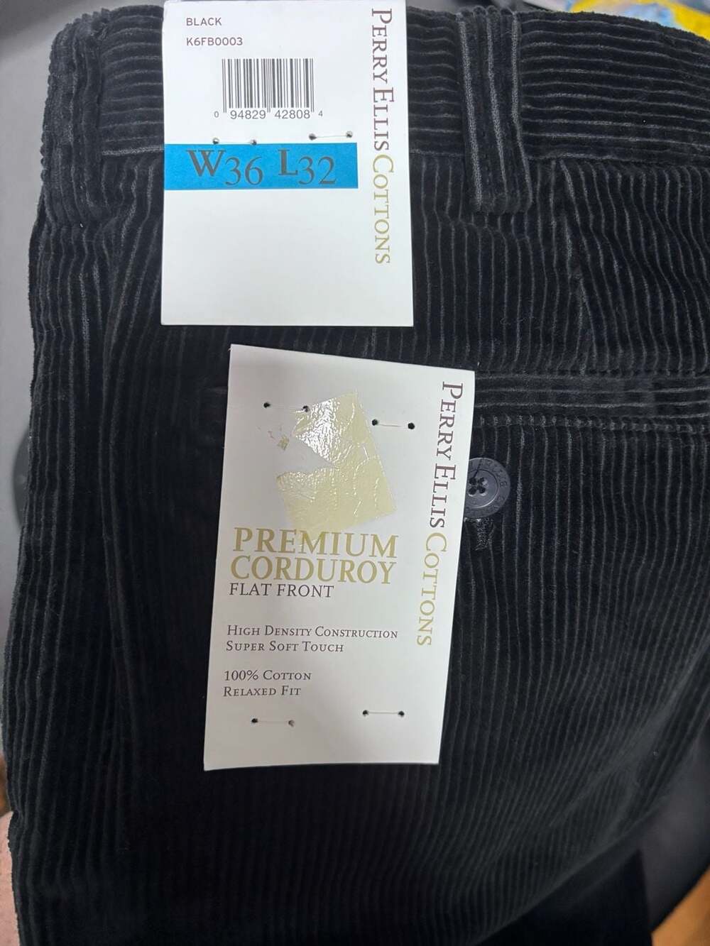 Perry Ellis Cottons Corduroy Pants Size 36x32 Black Flat Front NWT